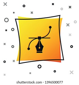 Black Bezier curve icon isolated on white background. Pen tool icon. Yellow square button. Vector Illustration