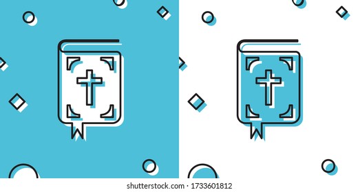 Black Bible book icon isolated on blue and white background. Holy Bible book sign. Random dynamic shapes. Vector Illustration