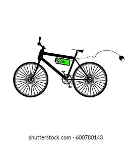Black bicycle with battery and electrical plug - vector illustration