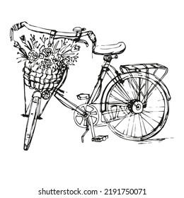 Black bicycle with a bouquet of flowers. Hand drawn illustration. Vector sketch made in vintage style.