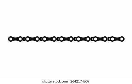 Black bicycle chain silhouette, horizontal alignment, mechanical link pattern, vector outline style, ideal for cycling, mechanics, motion design, transport, and industrial themes.