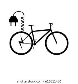 Black bicycle and electrical plug for charging the bicycle on white background - vector illustration
