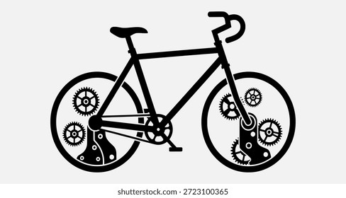 Bicicleta negra con ruedas dentadas dentro de los neumáticos sobre un fondo blanco, que simboliza la innovación y el ciclismo mecánico.
