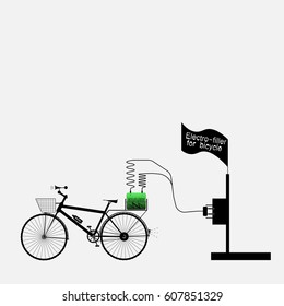 Black bicycle with green accumulator and electro-filler with inscription on the flag - vector illustration