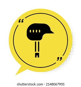 Black Bicycle helmet icon isolated on white background. Extreme sport. Sport equipment. Yellow speech bubble symbol. Vector