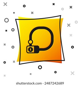 Black Bicycle lock U shaped industrial icon isolated on white background. Yellow square button. Vector