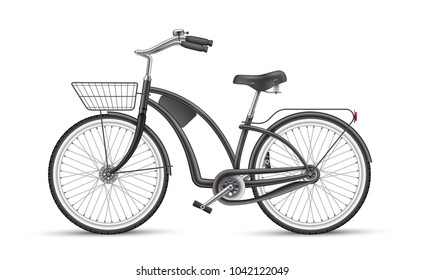 Black bicycle mockup. Realistic vector vintage bike with basket. 3d detailed photo-realistic illustration isolated. Sport activity, lifestyle, summer eco transportation object for design