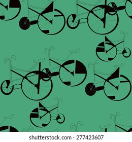 Black bicycle on a green background.Seamless.