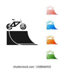 Black Bicycle on street ramp icon isolated on white background. Skate park. Extreme sport. Sport equipment. Set icons colorful. Vector Illustration
