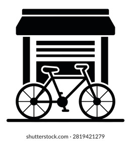 Black bicycle parked outside a shop with awning, simple illustration