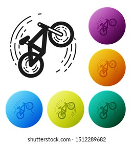Black Bicycle trick icon isolated on white background. Bike race. Extreme sport. Sport equipment. Set icons colorful circle buttons. Vector Illustration