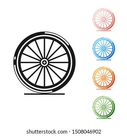 Black Bicycle wheel icon isolated on white background. Bike race. Extreme sport. Sport equipment. Set icons colorful. Vector Illustration