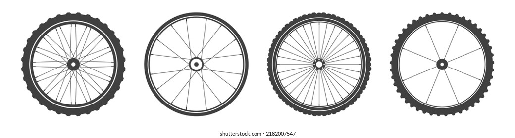 Black bicycle wheel symbols collection. Bike rubber tyre silhouettes. Fitness cycle, road and mountain bike. Vector illustration.