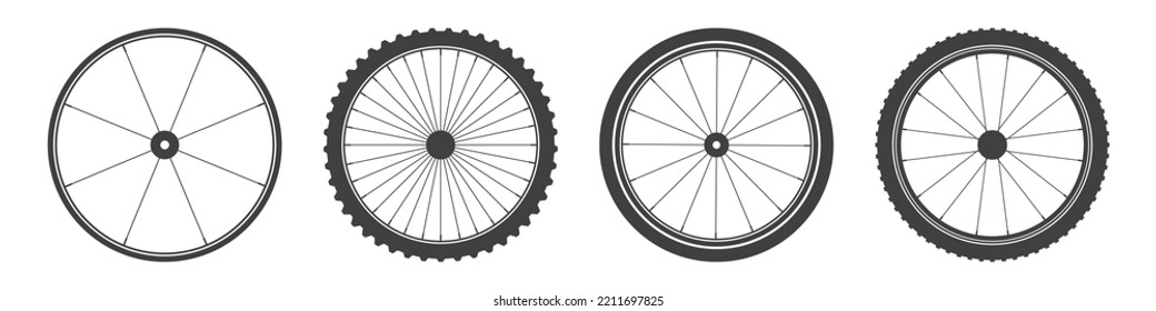 Black bicycle wheel symbols collection. Bike rubber tyre silhouettes. Fitness cycle, road and mountain bike. Vector illustration.