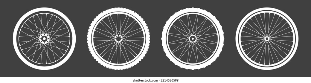 Black bicycle wheel symbols collection. Bike rubber tyre silhouettes. Fitness cycle, road and mountain bike. Vector illustration.