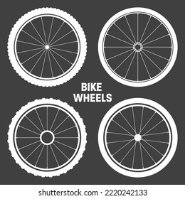Black bicycle wheel symbols collection. Bike rubber tyre silhouettes. Fitness cycle, road and mountain bike. Vector illustration.