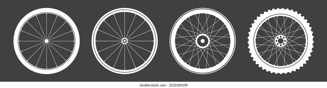 Black bicycle wheel symbols collection. Bike rubber tyre silhouettes. Fitness cycle, road and mountain bike. Vector illustration.