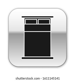 Black Big bed for two or one person icon isolated on white background. Silver square button. Vector Illustration