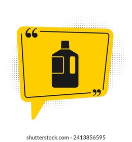 Black Big bottle with clean water icon isolated on white background. Plastic container for the cooler. Yellow speech bubble symbol. Vector Illustration