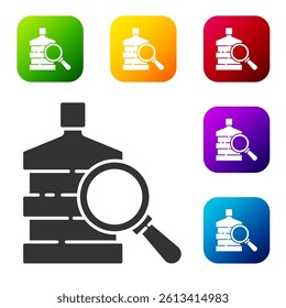 Black Big bottle with clean water and magnifying glass icon isolated on white background. Plastic container for the cooler. Set icons in color square buttons. Vector Illustration