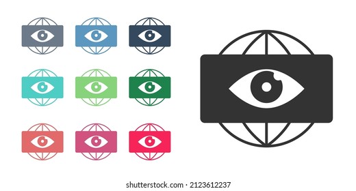 Black Big Brother Electronic Eye Icon Isolated On White Background. Global Surveillance Technology, Computer Systems And Networks Security. Set Icons Colorful. Vector