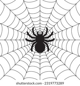Black big scary spider sitting center of web. Spooky halloween decoration element for your design. Silhouette of a tarantula spider. Animal clipart vector design illustration.