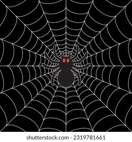 Black big scary spider sitting center of web. Spooky Halloween decoration element for your design. Silhouette of a tarantula spider. Animal clipart vector design illustration.