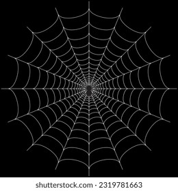 Black big scary spider sitting center of web. Spooky Halloween decoration element for your design. Silhouette of a tarantula spider. Animal clipart vector design illustration.