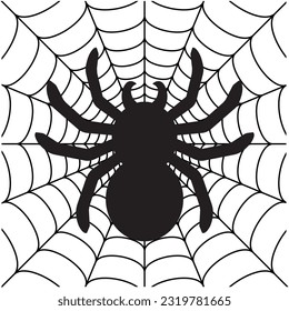 Black big scary spider sitting center of web. Spooky Halloween decoration element for your design. Silhouette of a tarantula spider. Animal clipart vector design illustration.