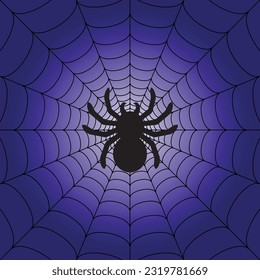 Black big scary spider sitting center of web. Spooky Halloween decoration element for your design. Silhouette of a tarantula spider. Animal clipart vector design illustration.