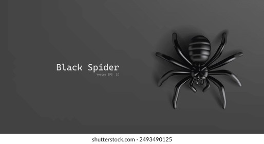 Black big spider, 3D. View from above. Scary spider on dark background for advertising concepts. Vector