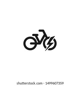 Black bike with lightning bolt icon. Flat electric bicycle isolated on white. Vector charge illustration. Eco transport symbol. Healthy journey. Ecology.  Hipster. 