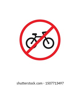 Black  bike in red crossed circle icon. No bicycle s sign isolated on white. Vector illustration. Forbidden,  unallowed transport symbol. 