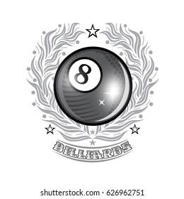 Black billiard ball in center of silver olive wreath. Sport logo for any billiard game or championship