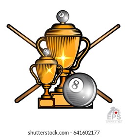 Black billiard ball and crossed cues with cups on white. Sport logo for any team or championship