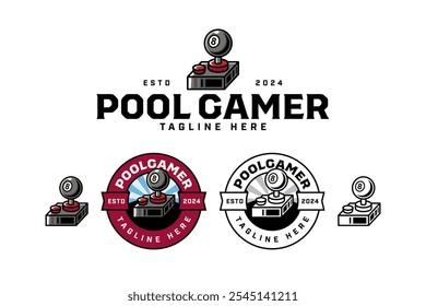 black billiard ball with game console badge logo design set for billiard sport and competition. gaming controller, joystick with pool ball illustration modern logo collection for snooker sport 