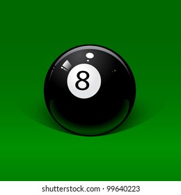 Black billiard ball number eight on a green background