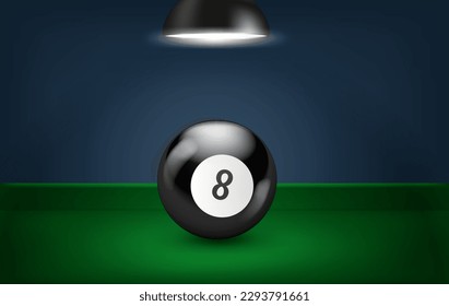 Black billiard ball on green table with lamp. 3d vector banner with copy space