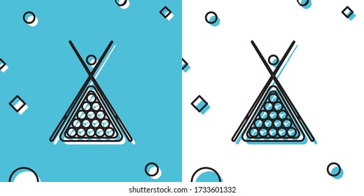 Banda negra y bolas de Billiard en un icono del triángulo del rack aislado en fondo azul y blanco. Formas dinámicas aleatorias. Ilustración vectorial