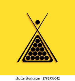 Black Billiard cue and balls in a rack triangle icon isolated on yellow background. Long shadow style. Vector