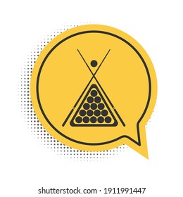 Black Billiard cue and balls in a rack triangle icon isolated on white background. Yellow speech bubble symbol. Vector.