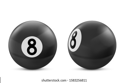 Black billiard eight ball isolated on white background. Vector realistic pool or snooker ball with number 8 in front and side view