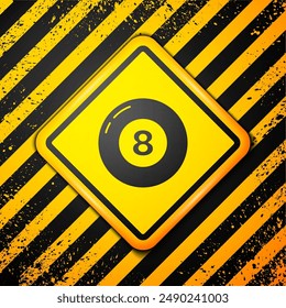 Black Billiard pool snooker ball icon isolated on yellow background. Warning sign. Vector