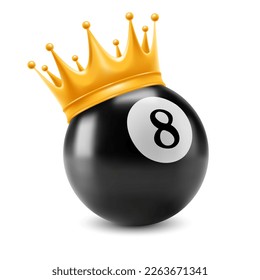 Black billiards ball with number eight and gold crown. Conceptual icon on billiard theme. 3d realistic vector illustration