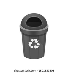 black bin isolated on white background, clip art of recycle bin small, illustration grey bin plastic, flat icon bin waste, black trash can, dustbin for garbage with recycle symbol