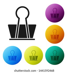 Black Binder clip icon isolated on white background. Paper clip. Set icons colorful circle buttons. Vector Illustration