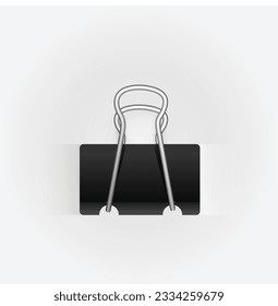 Black binder paper clip. Paper fastener with shadow on white background. Photo realistic vector illustration.