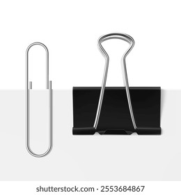 Black binder and paper clip mockups on white sheet. Hight realistic vector illustration isolated on white background. Ready for your design, presentation, advertising.  EPS10.