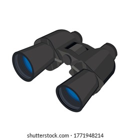 Binocular negro aislado sobre fondo blanco. Ilustración vectorial de binoculares clásicos con lentes claras. Exploración del concepto mundial. Concepto de vigilancia y espionaje.