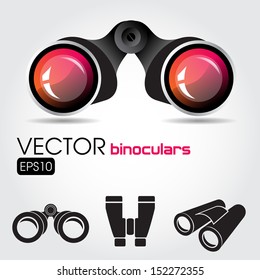 Black binocular on a white background. Red reflections on the lens. Vector